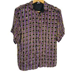 Vintage 80s Silk Beaded Sparkly Black Purple Button Down Blouse Size Medium